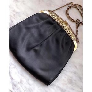 VINTAGE Black CLUTCH Purse Bag Gold Snap Closure Gold Chain HL USA Harry Levine
